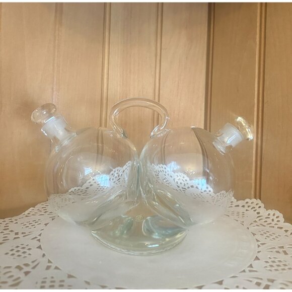 Vintage Clear Glass Oil & Vinegar Cruet Set Dual Compartments Glass Stoppers Mad - Picture 1 of 8